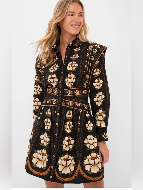 FARM Rio Dresses & Skirts - FARM Rio Black Floral Long-Sleeve Button Dress with Cream & Gold Accents